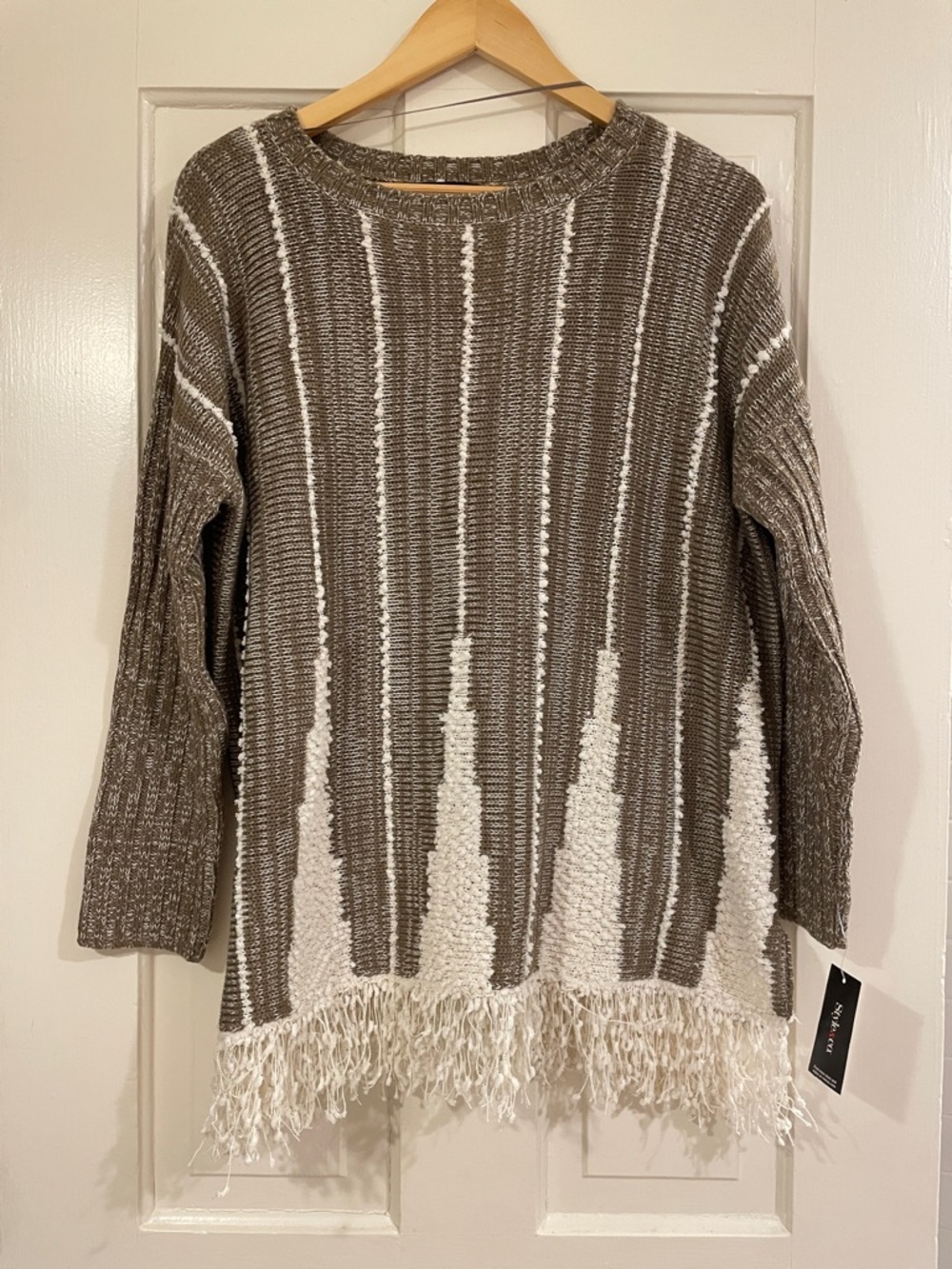 Style & Co. Taupe & Cream Fringe-Hem Crewneck Sweater